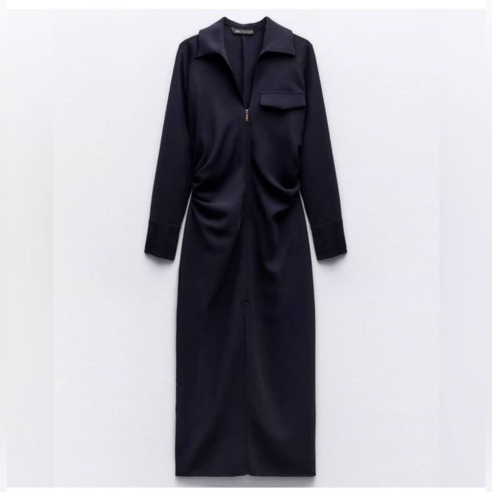 Zara Navy Zippered Shirt Midi Dress Size Small - Picture 2 of 15